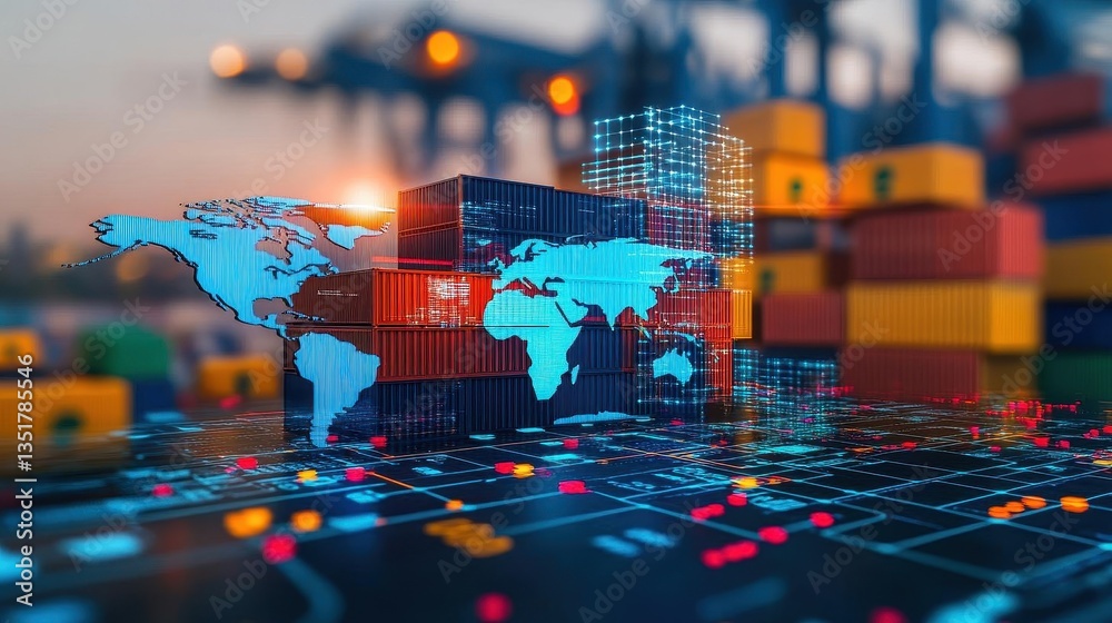 Aufkleber Global shipping container network displayed on world map representing ai innovations in logistics and supply chain