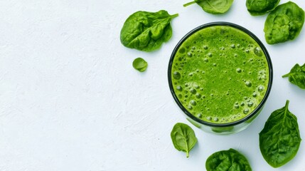 Obraz premium Fresh Spinach Smoothie on White Background with Spinach Leaves