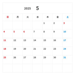 2025年(令和7年) シンプルな祝日カレンダー 5月, 正方形, ベクター, テンプレート