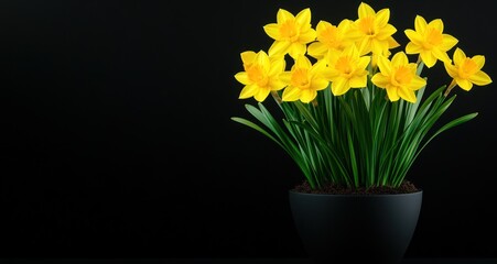 Vibrant Yellow Daffodils in a Sleek Black Pot Against a Dark Background