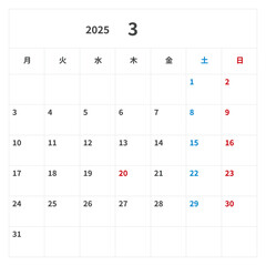 2025年(令和7年) シンプルな祝日カレンダー 3月, 正方形, ベクター, テンプレート, 月曜始まり
