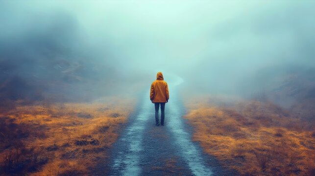A person is walking down a road in a foggy, misty landscape