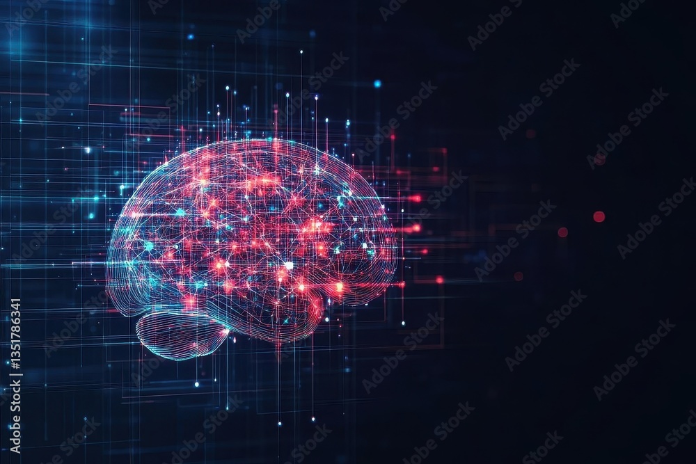 Poster Brain illustration with glowing lines against a blue and red background representing artificial intelligence concepts