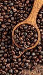 Fototapeta premium Wooden cup overflowing with dark roasted coffee beans, mocha, breakfast, coffee