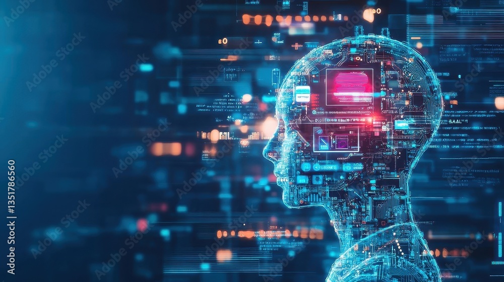 Poster A human head overlaid with circuit patterns representing the intersection of ai technology and human intelligence