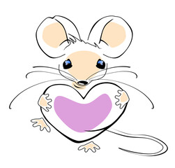 Vector logo of a little mouse hugging a heart made with strokes and colored spots