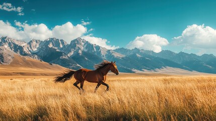 A wild horse sprinting through tall grass with mountains in the background