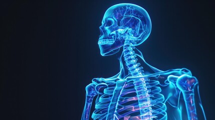 X-ray style, highly detailed human skeleton, glowing blue neon bones, medical scan aesthetics, AI-generated, realistic anatomical structure, futuristic digital art