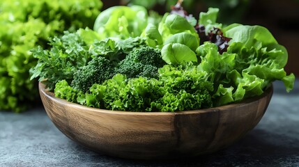 A bowl of green vegetables including broccoli and lettuce