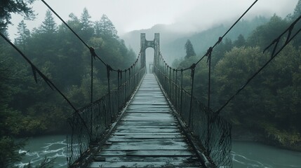 Obraz premium A misty suspension bridge with forest and river views, on a cloudy day and moody atmosphere