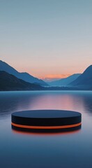 Minimal round platform floating above calm lake at sunset, abstract podium scene for product presentation, branding, luxury, and advertising mockups