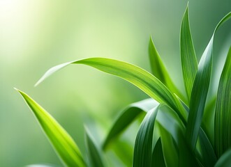 Obraz premium Abstract green blurred background, close-up of curved leaves on the edge of a grass blade, blurred abstract background, banner with copy space area for design. Stock photo. High-detail, ultra-realisti