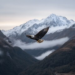 Fototapeta premium Majestic eagle soaring, snowy mountains, misty valley, freedom concept