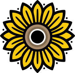 Modern Sunflower Mandala, This digital artwork presents a modern and symmetrical sunflower mandala design. The sunflower features golden-yellow petals with elegant cut-out details, outlined in black