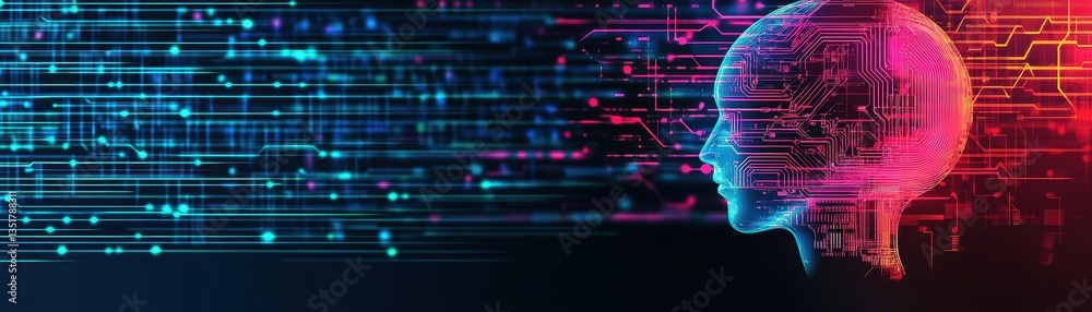 Poster A human head surrounded by circuit patterns representing the concept of artificial intelligence in sales strategies