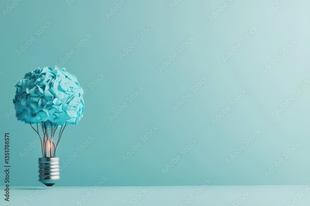 Poster a light bulb containing a crumpled blue paper ball inside representing creative thinking and problem