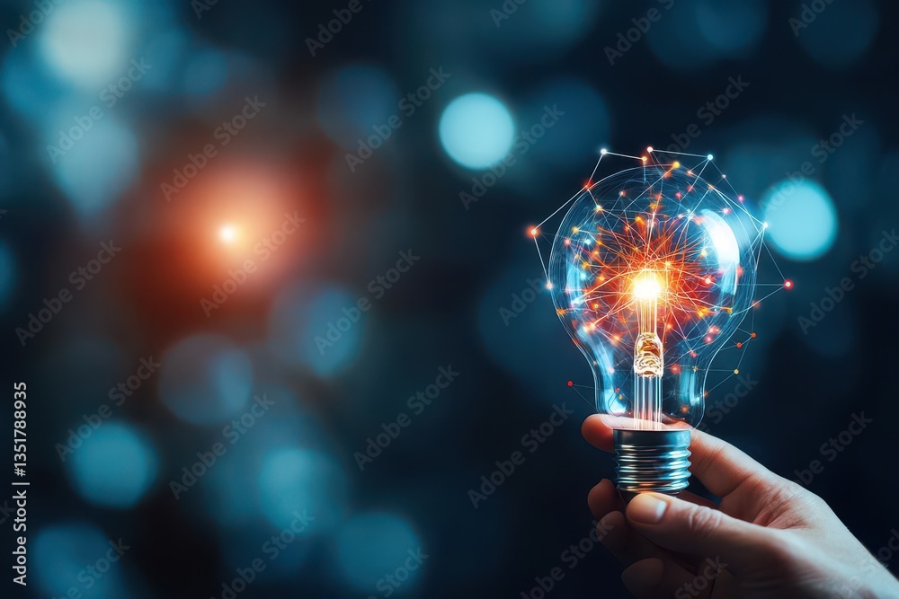 Poster Light bulb illuminated with a spark of light representing ideas, innovation, and inspiration in a bright future