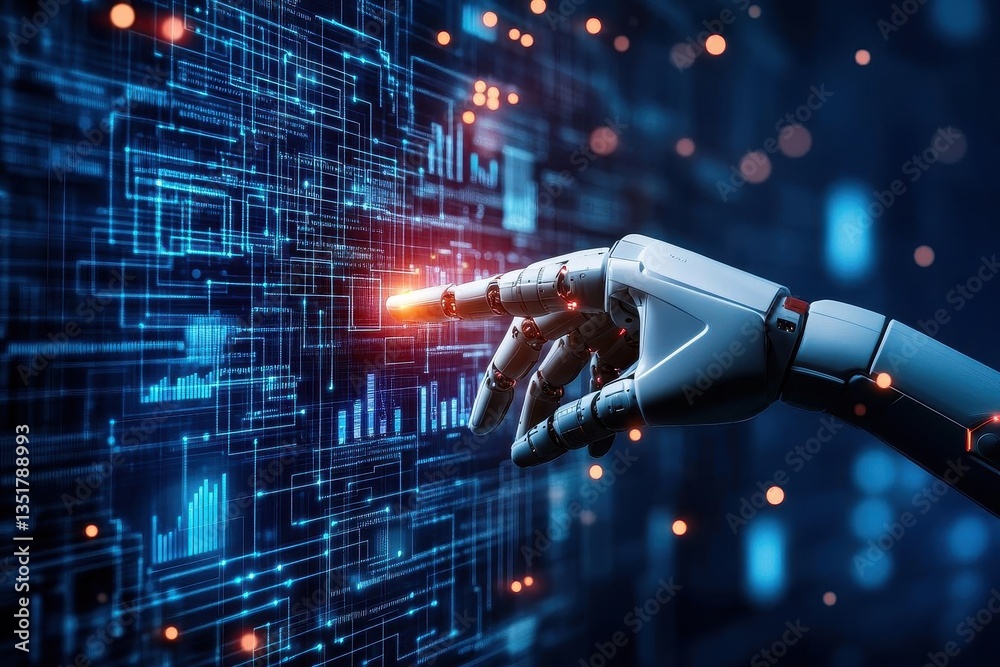 Poster Robot hand touching a circuit board reflecting the interaction between artificial intelligence and electronic components