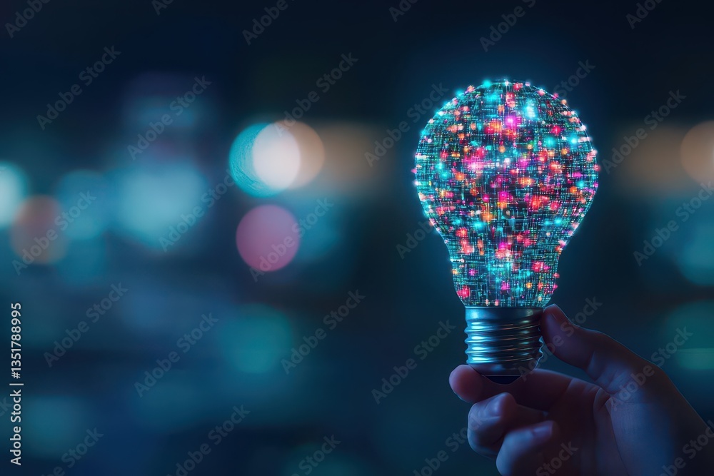 Aufkleber Light bulb displaying a pattern of colorful lights symbolizing creative thinking and innovative ideas in technology