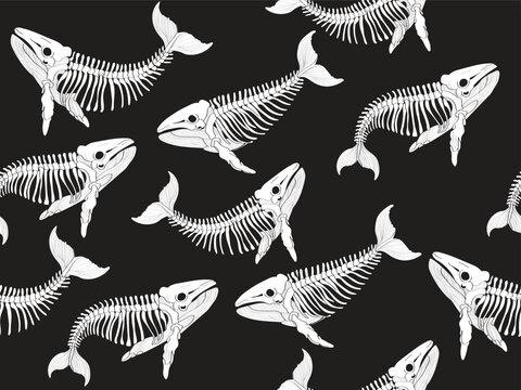 whale, skeleton, seamless pattern for decorating all fashion designs, fabrics, wallpapers and prints. on a dark background
