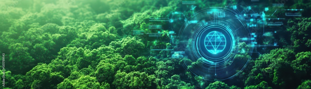 Poster Lush forest scene enhanced with a futuristic user interface displaying environmental data and analytics