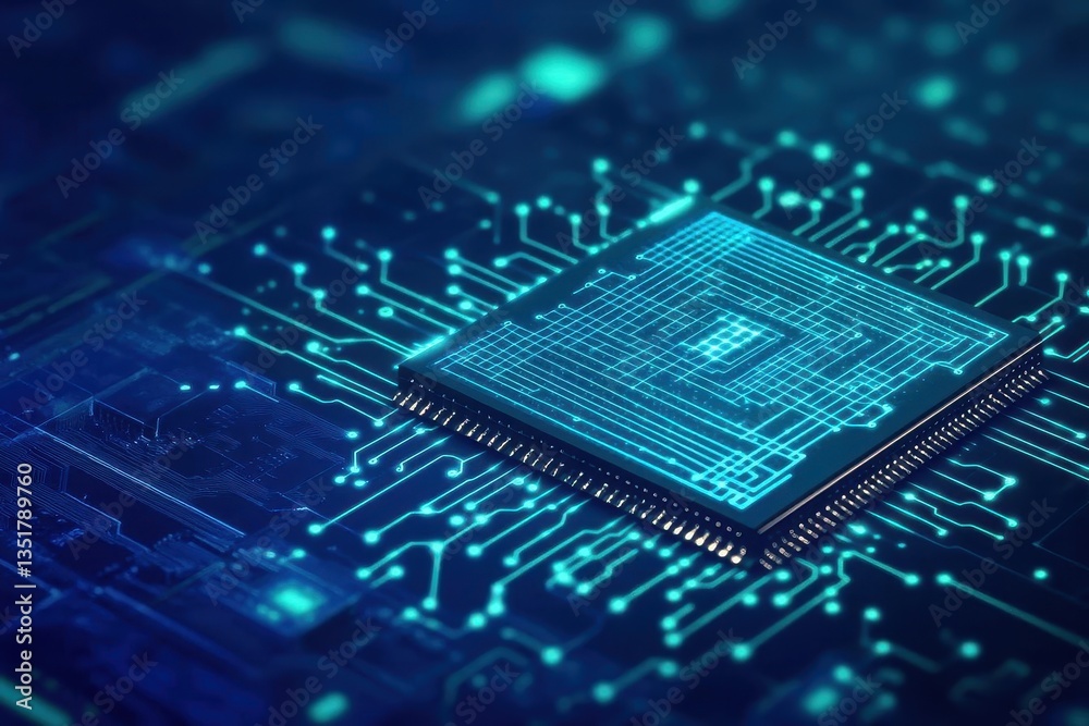 Poster Detailed circuit board with blue background illustrating the complexity of semiconductor technology and design