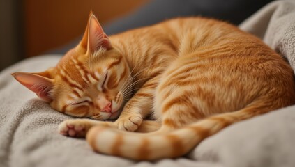 Cozy Cat Curling Up on Soft Blanket in Warm Indoor Ambiance