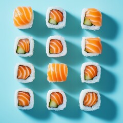 Minimalist sushi flat lay with salmon and cucumber rolls on blue background for restaurant menus, social media food styling, and Japanese cuisine promotion