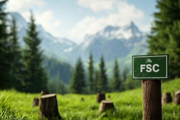 Scenic Mountain Landscape with FSC Certified Forest Sign Sustainable Logging Green Environment