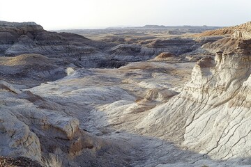 Arid landscape of cracked earth and eroded hills under a pale sky, showcasing unique geological formations.