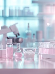 Modern pink and blue science lab interior with glass beakers and microscope for pharmaceutical ads, cosmetic product development visuals, and healthcare innovation campaigns