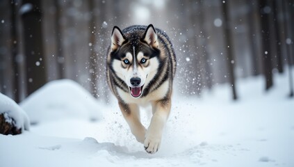 Naklejka premium Energetic Dog Running Through a Snowy Forest with Light Snowflakes