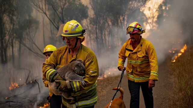 Firefighters in yellow uniforms rescue koalas and evacuate them from a burning forest during a massive wildfire emergency
