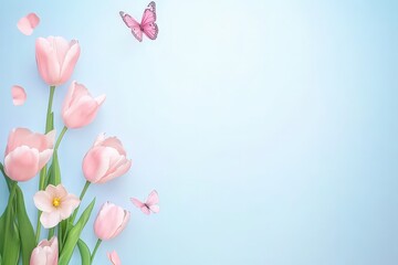 Naklejka premium A serene illustration of pink flowers and butterflies against a soft blue background, evoking a sense of tranquility and beauty.