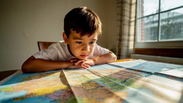Curious young boy lies on a table studying a detailed world map in soft window light, dreaming of travel and exploration