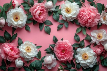 Floral composition of pink peonies and roses on pastel background with copy space for romantic designs and invitations