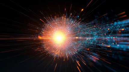 A dynamic scene of big data in motion set against a tech-savvy business background, featuring themes of quantum computing and AI artificial intelligence.