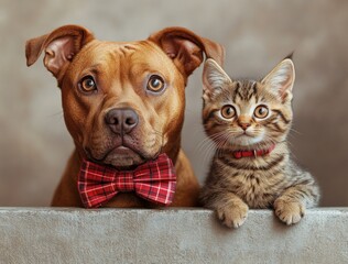 Cute Brown Pit Bull with Red Plaid Bow Tie and Tabby Kitten in Studio Portrait