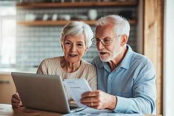 An elderly couple sits side by side at a kitchen table, focused on reviewing financial documents and using a laptop.