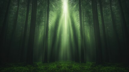 Naklejka premium Enchanted Forest: Sunbeams Piercing Through Ancient Trees