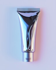 Futuristic metallic cosmetic tube with iridescent sheen on pastel background, perfect for skincare branding, luxury beauty product packaging, or minimalistic design mockups
