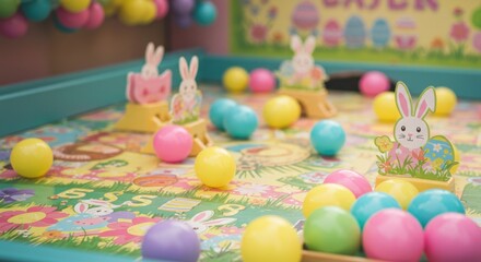 Colorful Easter-themed game setup with playful elements 