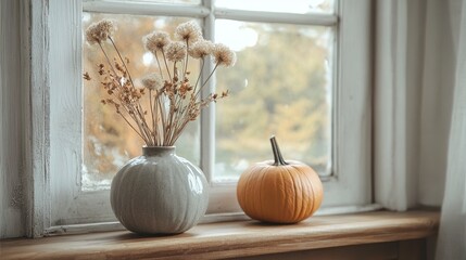 Welcoming fall interior design warm earthy hues subtle decor like a single pumpkin and dried flowers in a ceramic vase minimalist and elegant autumn atmosphere. 