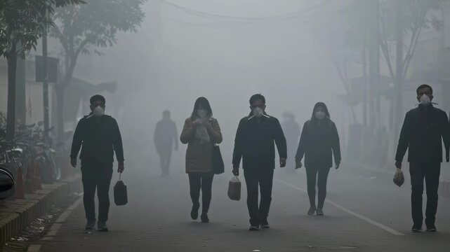 Group of people wearing masks walks through a city street shrouded in thick grey smog caused by severe air pollution