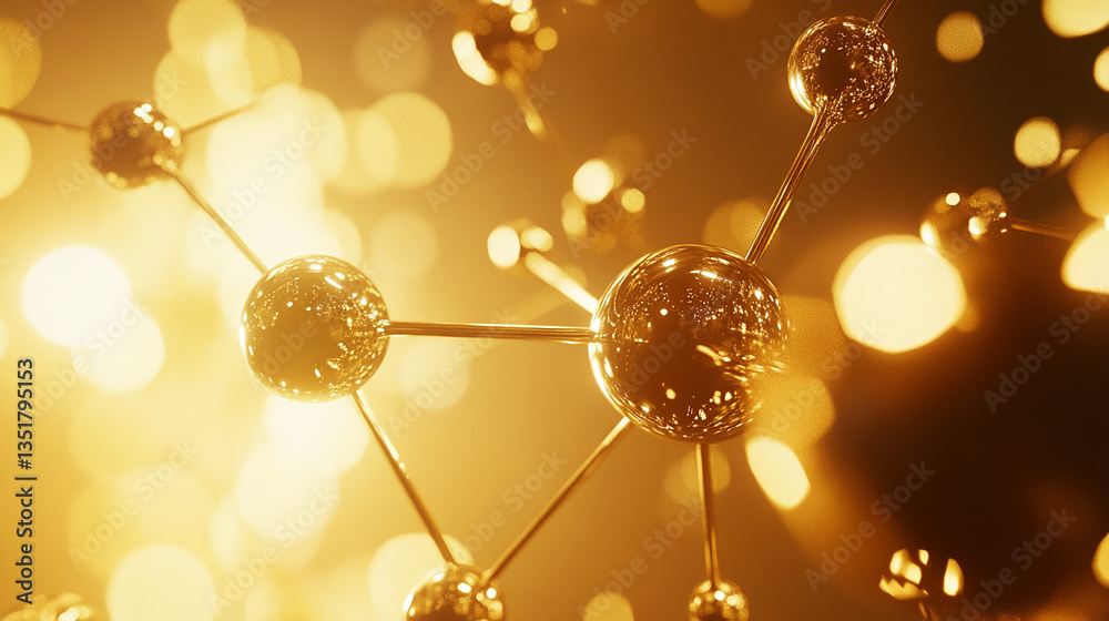 Poster golden spheres connected by thin rods against a bokeh background, representing molecular structure, 