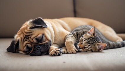 Cozy Tabby Kitten and Pug Puppy Napping Together on Couch