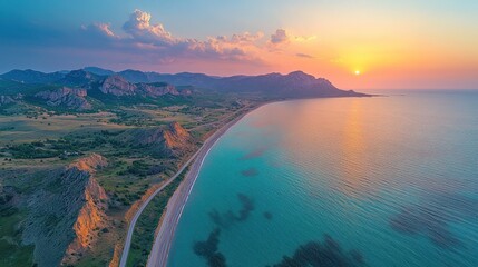 Fototapeta premium Sunset Over Coastal Mountains and Turquoise Sea