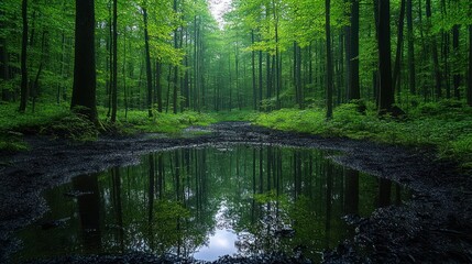 Obraz premium Misty forest puddle reflection tranquil woodland