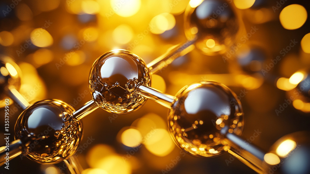 Poster close-up of metallic spheres connected by rods, set against a bokeh background of golden lights, sho
