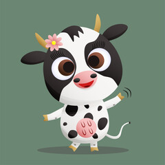 A cute cartoon cow character with a friendly expression. The cow has big expressive eyes and a small body. The cow's body is round and plump, with a distinctive black and white spotted pattern. She